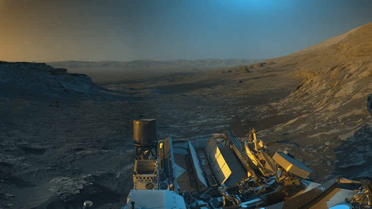 An artistic re-creation of multiple images from NASA's Curiosity Mars rover with added colour.