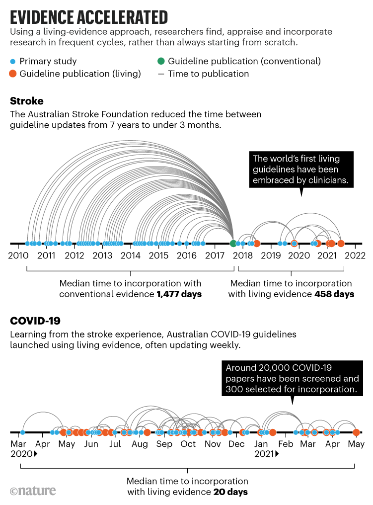 Evidence accelerated: Charts showing that living-evidence allows more frequent guideline update than conventional methods.