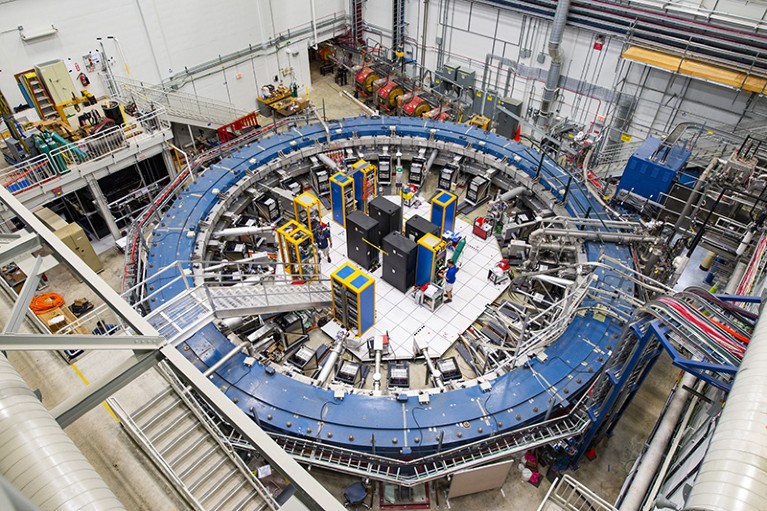 The Muon g-2 ring sits in its detector hall amidst electronics racks, the muon beam line, and other equipment