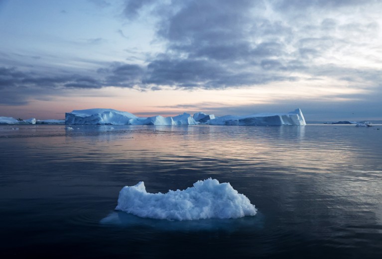 Icebergs which calved from a glacier float in the Ilulissat Icefjord