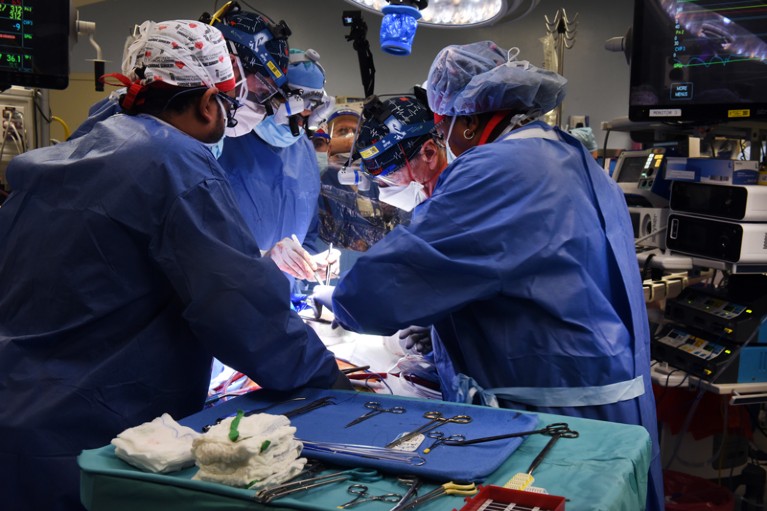 Surgery being performed of the heart transplant