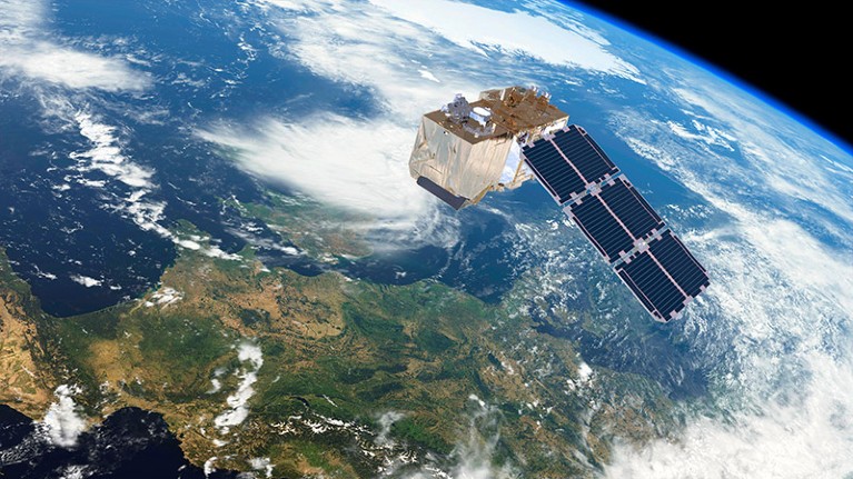 艺术品的Sentinel-2卫星在轨道上。