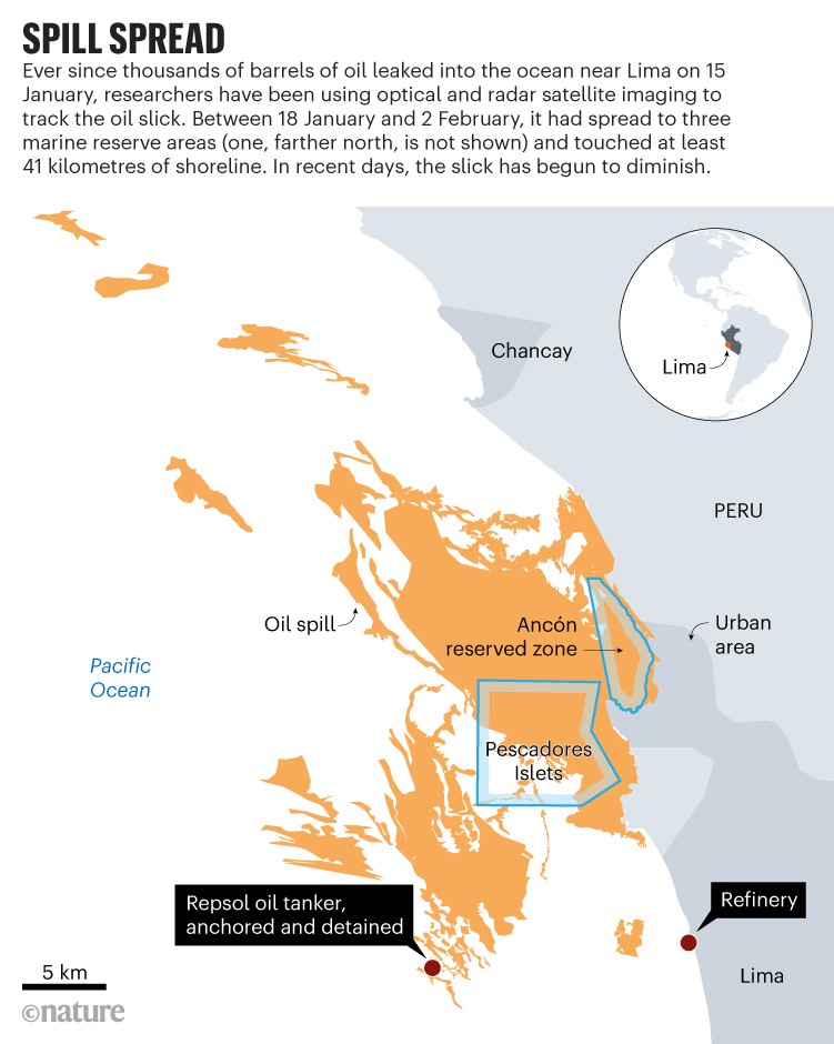 泄漏扩散:地图的浮油蔓延的海洋在秘鲁利马附近。