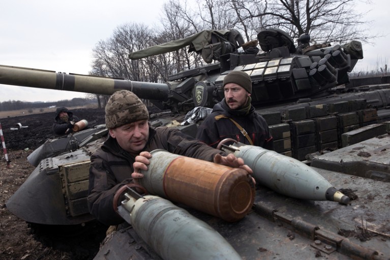 Ukrainian soldiers stationed in Donetsk moving tanks, arms and equipment to an undisclosed location, Ukraine 2022