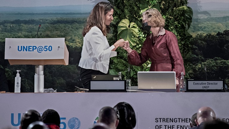 Leila Benali and Inger Andersen bumps fists at UNEP in Nairobi on 3 March 2022.