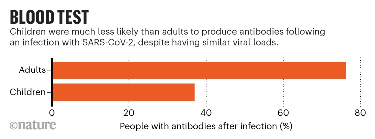 血液检测:比较感染SARS-CoV-2后成人和儿童抗体数量的柱状图。
