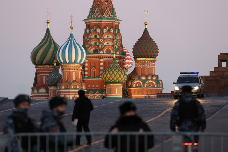 Soldiers from the Russian National Guard patrol the area surrounding Saint Basil's Cathedral on Red square in Moscow