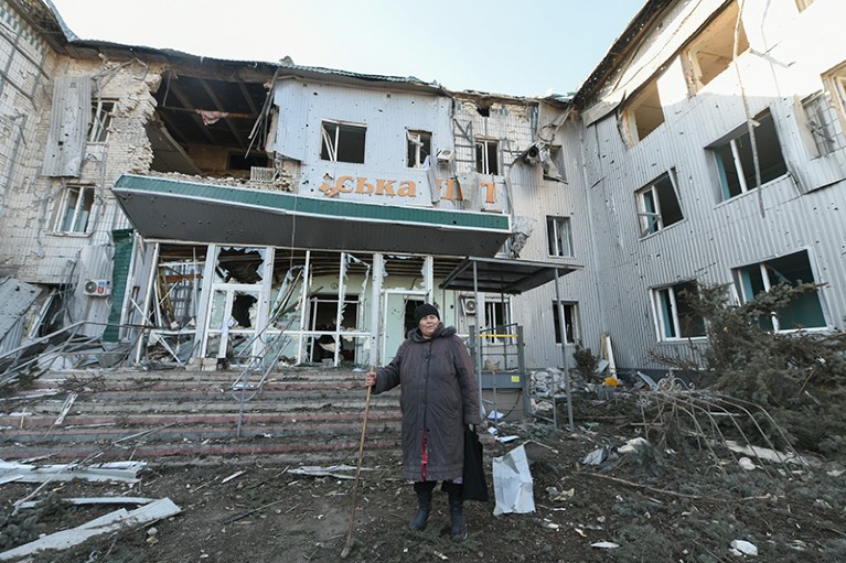 A view of a bombed and damaged hospital in Volnovakha, Donetsk Oblast, Ukraine.
