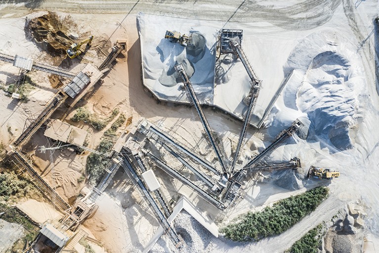 Aerial photo of cement materials mining in Japan.