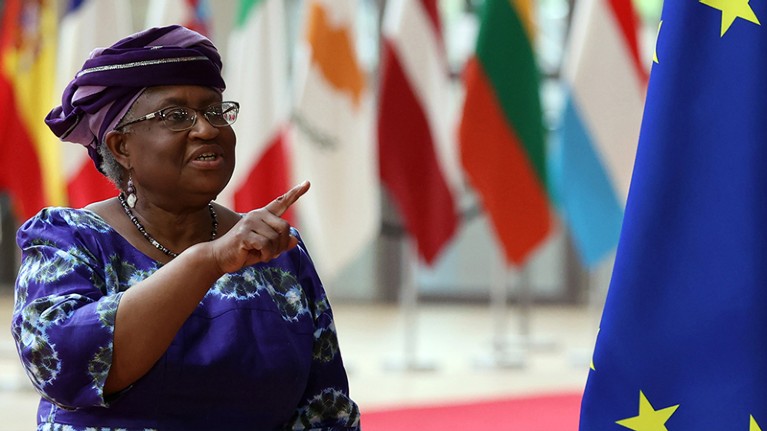 Ngozi Okonjo-Iweala, director general of WTO, gestures as she arrives at the Europa Building in Brussels.