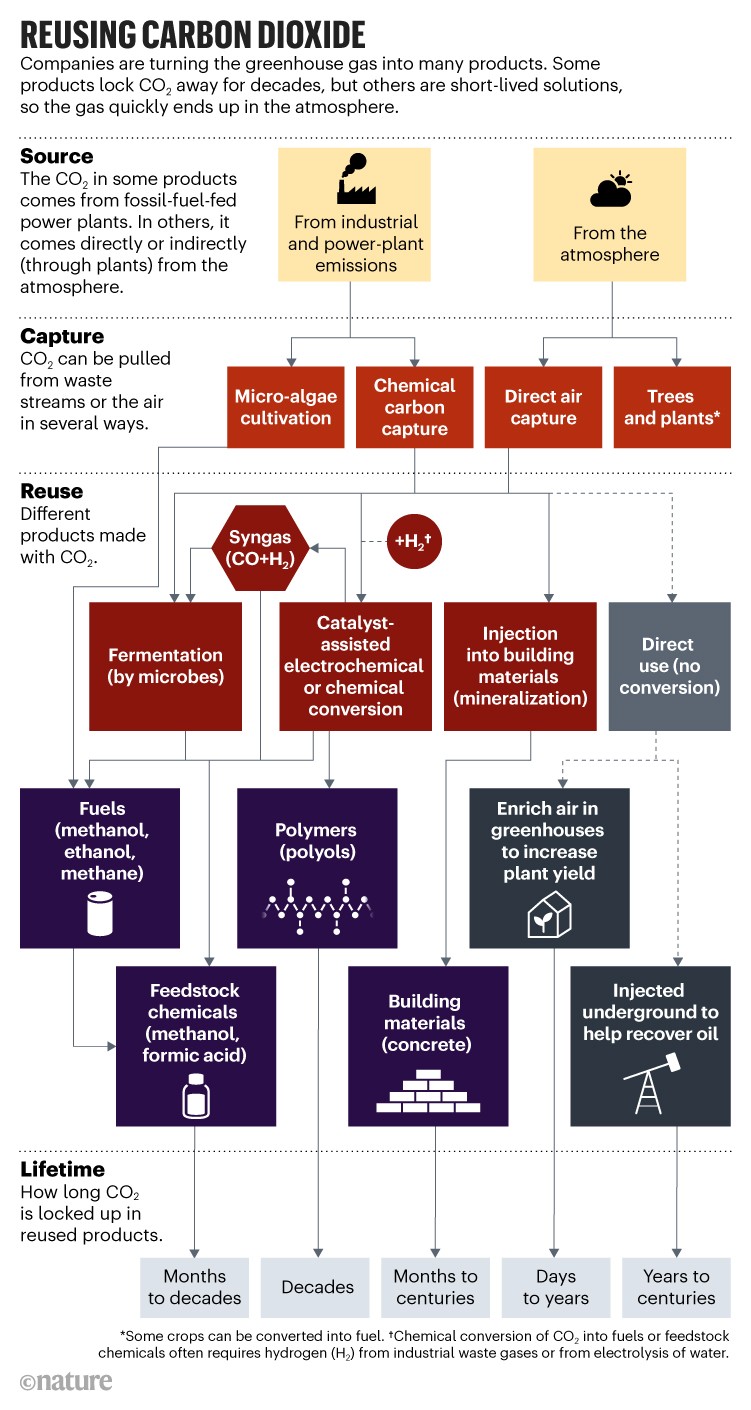 Reusing carbon dioxide: Flowchart showing the processes by which CO2 can be captured and reused.