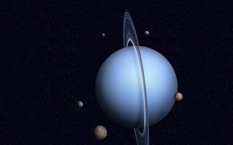 Uranus as shown in an illustration with some of its twenty-seven satellites.