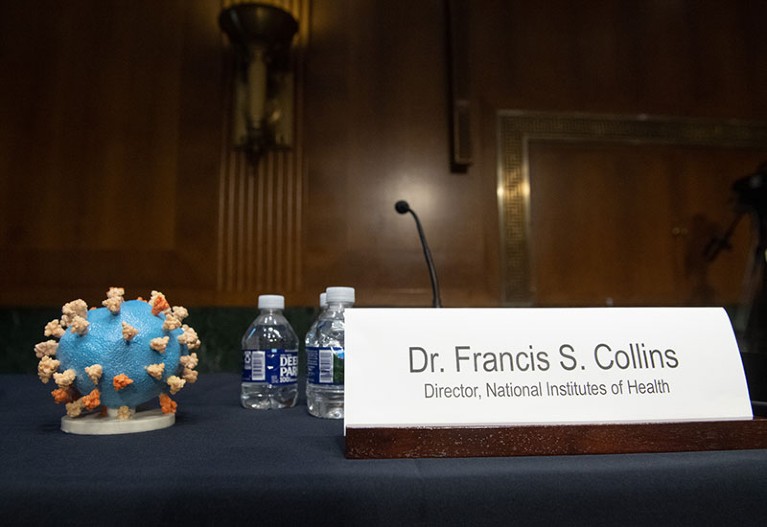 A model of COVID-19 is seen ahead of testimony from Dr. Francis Collins during a US Senate hearing.