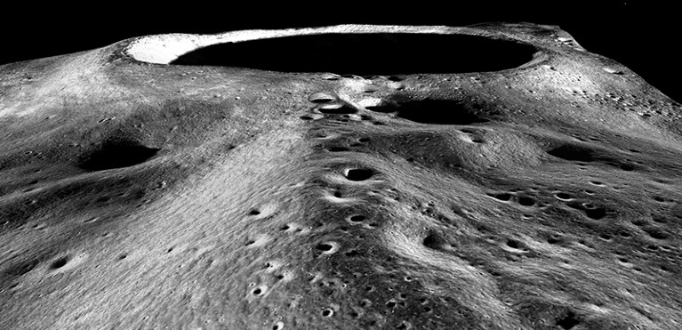 Lunar South Polar Crater and Mountain-size Ridge