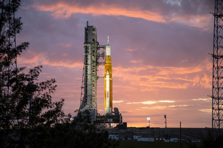 The Artemis I Space Launch System (SLS) and Orion spacecraft at Launch Pad 39B at NASA’s Kennedy Space Center.