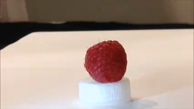 Robot arms gently tapping a raspberry without squashing it.