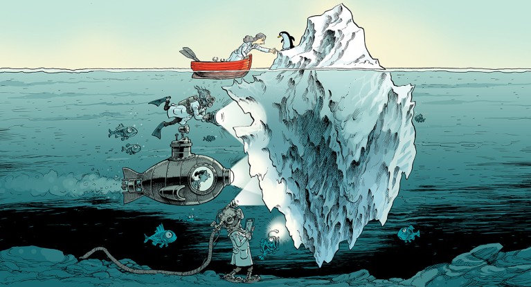 Cartoon showing a lone researcher in a boat looking at an iceberg with many researchers under the water also inspecting it