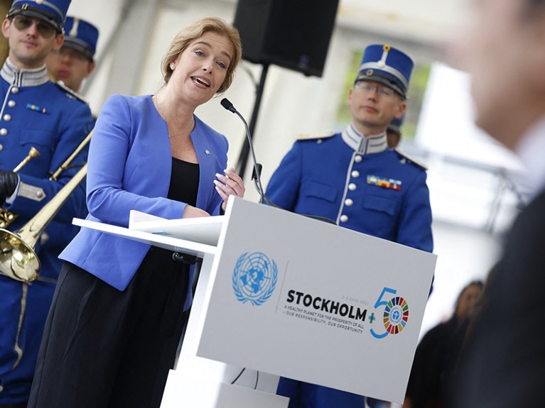 Sweden's Minister of the Environment addresses guests prior to the start of the Stockholm +50 Climate Summit.