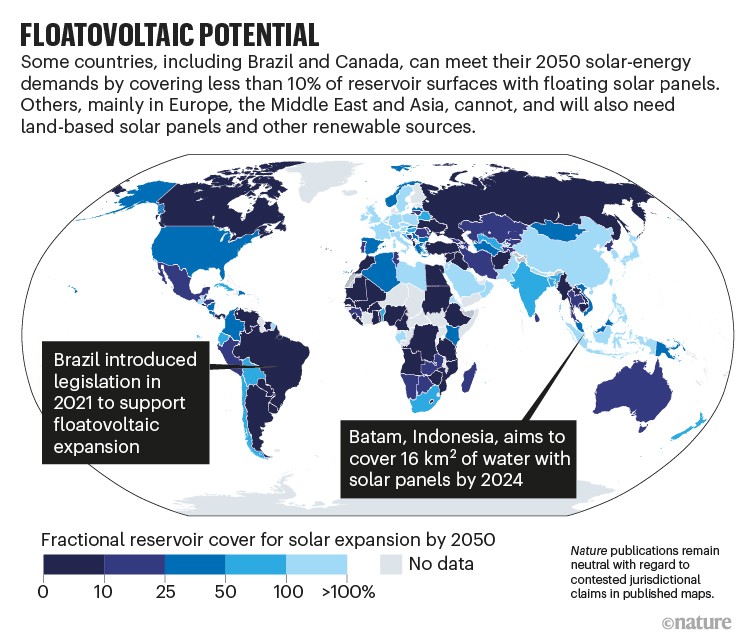Chloropleth world map showing floating solar panel coverage requirement on reservoirs to meet 2050 solar energy demands