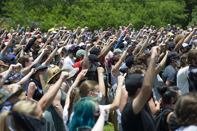 Protesters attend the Black Austin Rally and march for Black Lives at Houston Tillotson University. Austin, Texas in 2020.