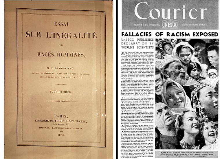 Left: Cover of an essay from Arthur de Gobineau, Right: Cover of UNESCO Courier 1950.