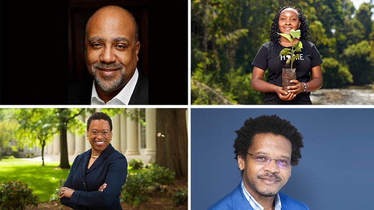 Four photos of people, clockwise from top left: Chad Womack, Elizabeth Wathuti, Ambroise Wonkam, Melissa Nobles.