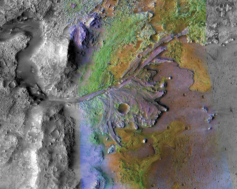 A color-enhanced image of the delta in Jezero Crater, which once held a lake.