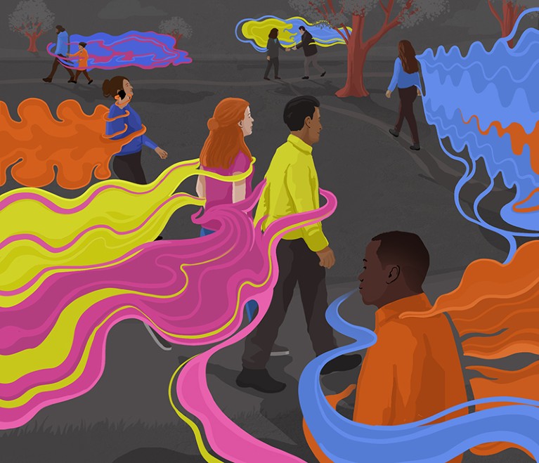 这幅漫画展示了人们在公园里散步时散发出的漩涡般的气味