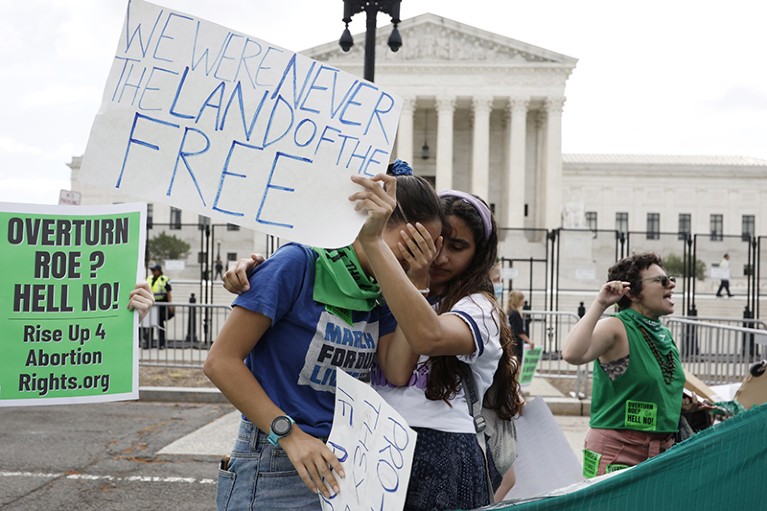 Abortion rights activists upset at the ruling which overturns the landmark abortion Roe v. Wade case, at the U.S. Supreme Court.