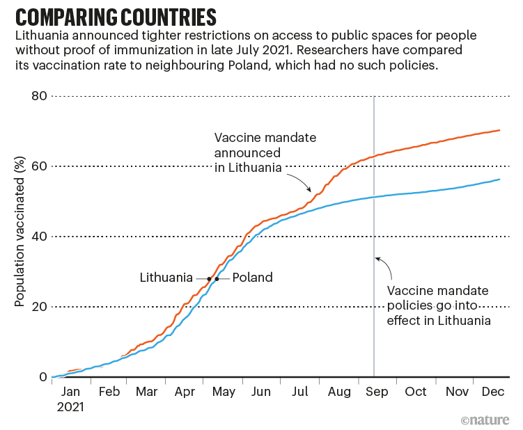 Comparing countries: graph that shows the effect of Lithuania's COVID-19 vaccine mandate policy by comparing with Poland.