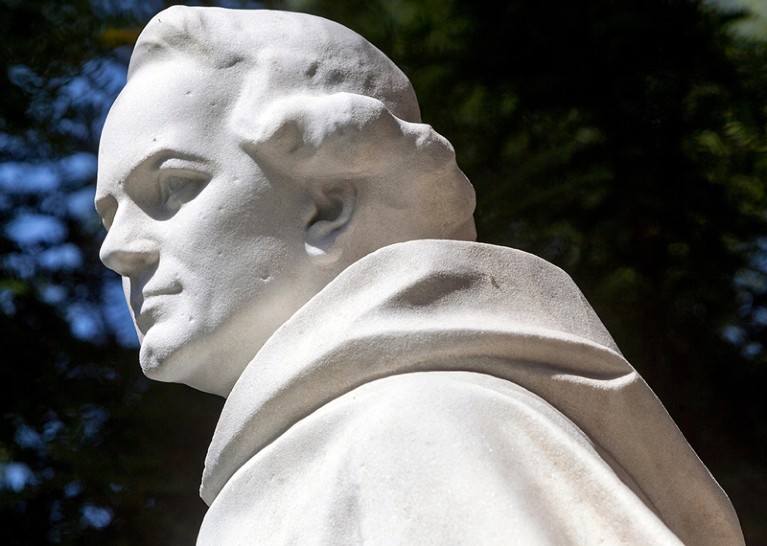 Statue of Gregor Mendel,Augustinian Monastery and the Abbey. Courtyard, Brno, South Moravia, Czech Republic.