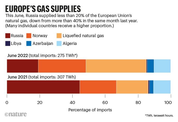 显示2021年和2022年从欧盟不同国家进口天然气百分比的柱状图