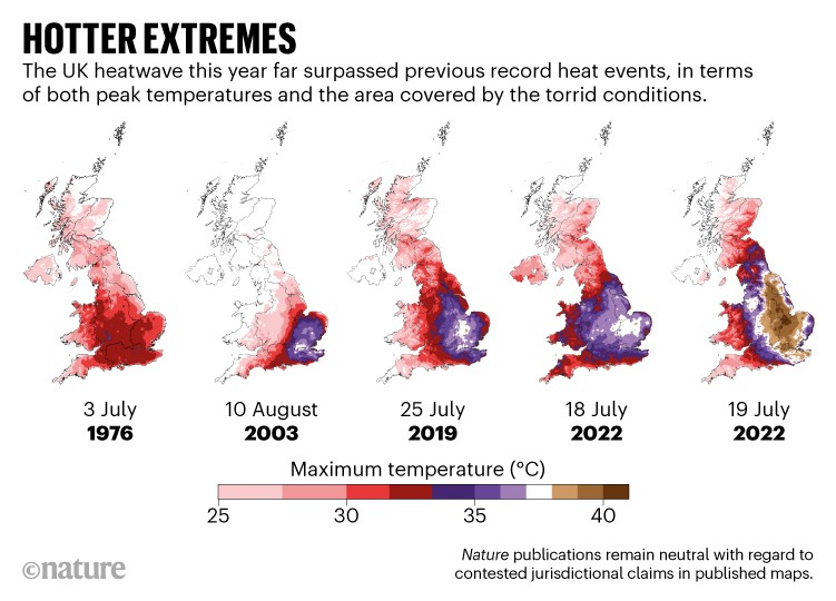 Hotter extremes: Five maps of the UK showing the maximum temperatures recorded in previous heat waves going back to 1976.