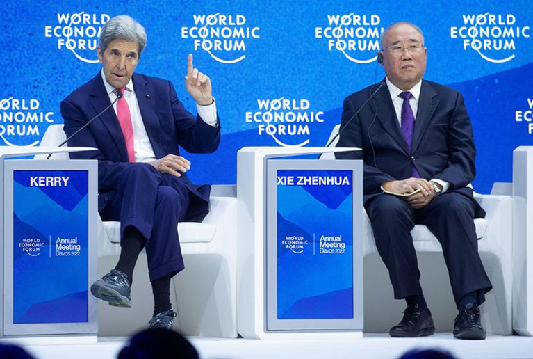 U.S. climate envoy John Kerry and China's chief climate negotiator Xie Zhenhua during the World Economic Forum 2022 in Davos.