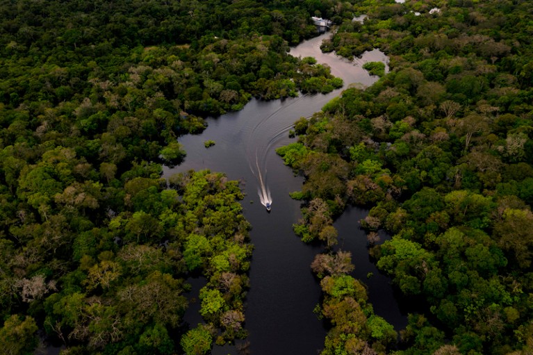 Aerial view of a boat speeding down the Jurura river in the Brazilian Amazon Forest
