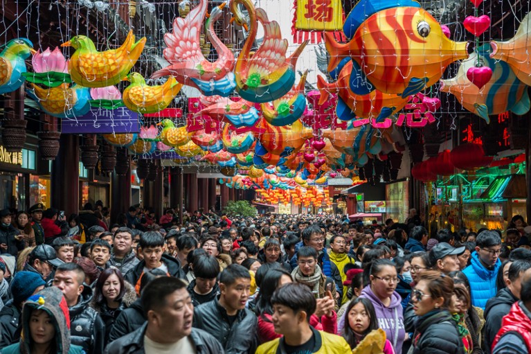 在上海的一条购物街上，一大群人走在五颜六色的动物形灯笼下