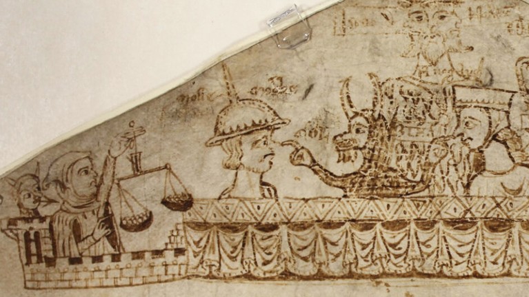 一幅中世纪的素描，描绘了犹太人被恶魔搭讪的漫画。