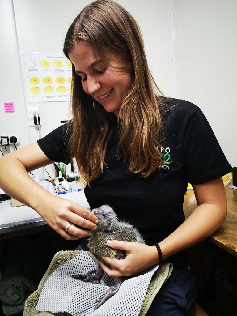 Lara Urban holds a kākāpō (Strigops habroptilus), a parrot endemic to New Zealand