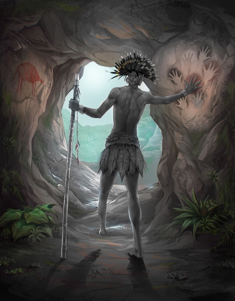 Illustration of Tebo1, who had an amputated lower leg and lived in Borneo 31,000 years ago, making handprints on a cave wall