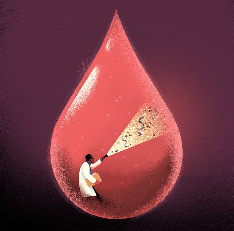 A scientist inside a droplet of blood shines a torch revealing RNA strands and circles denoting molecules