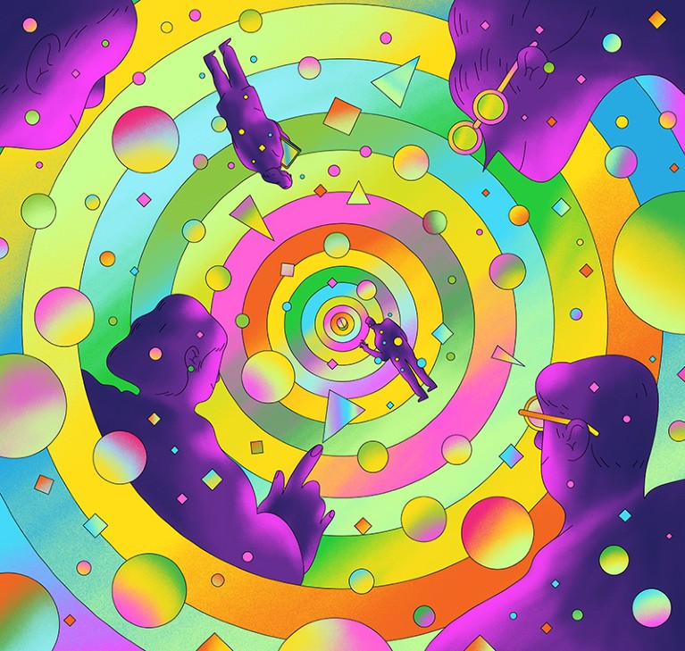 Colourful concentric circles shrink towards a pill in the centre. Figures and abstract shapes also circle the pill.