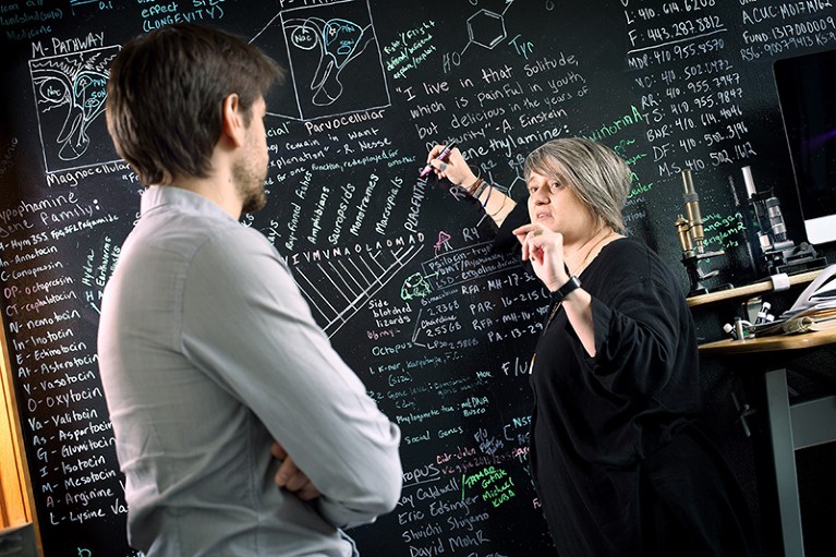 Gul Dolen looks towards her postdoc Romain Nardou while writing on a busy blackboard
