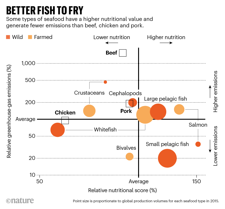 更好的鱼要煎。图表显示，一些海鲜的营养价值更高，排放的气体也比肉类少。