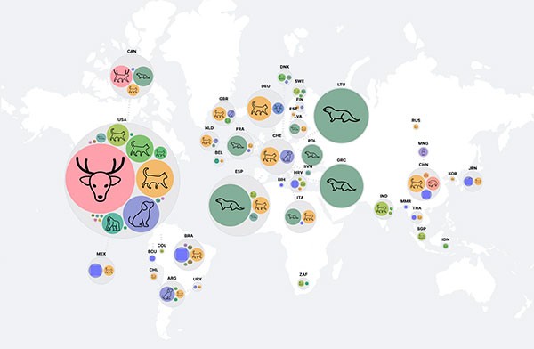 Coloured circles represent the number of SARS-CoV-2 infections in animals, overlaid on a map of the world.