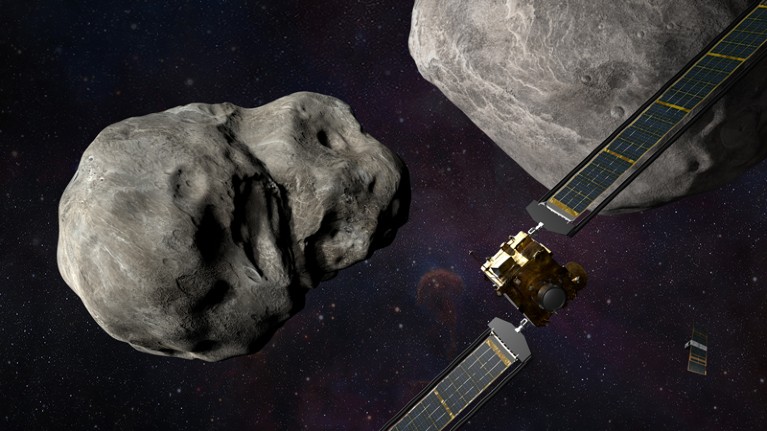 Illustration of NASA's DART spacecraft near asteroids