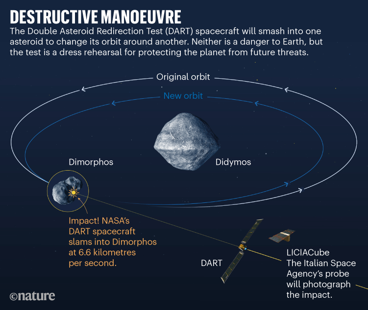 DESTRUCTIVE MANEUVERS.  Graphic showing details of the DART mission to change the course of an asteroid.