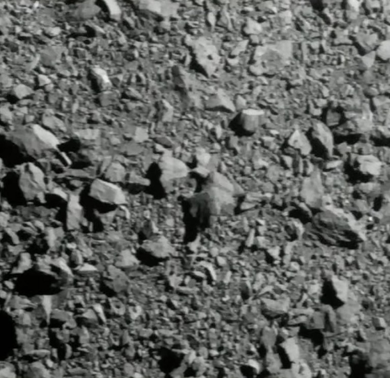 The asteroid Dimorphos’s rocky surface just before the DART spacecraft made impact.