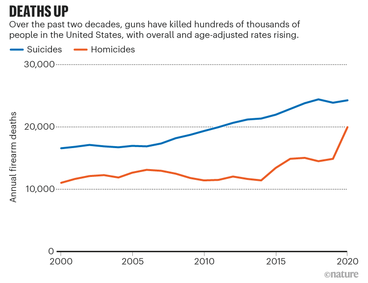 Deaths up. Line chart showing homicide and suicide gun related deaths increasing over time.