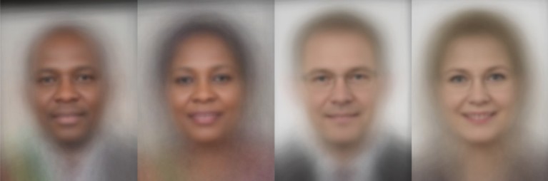 Four average faces, male and female, generated from a database of portraits of parliamentarians from different countries