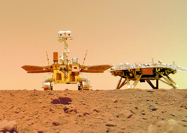 China National Space Administration (CNSA). "selfie" of China's first Mars rover, Zhurong, with the landing platform on Mars.